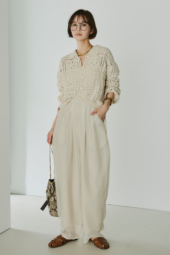 [SET]鍵編みフラワーレースカーディガン+オーガンジータックパンツ(2set)