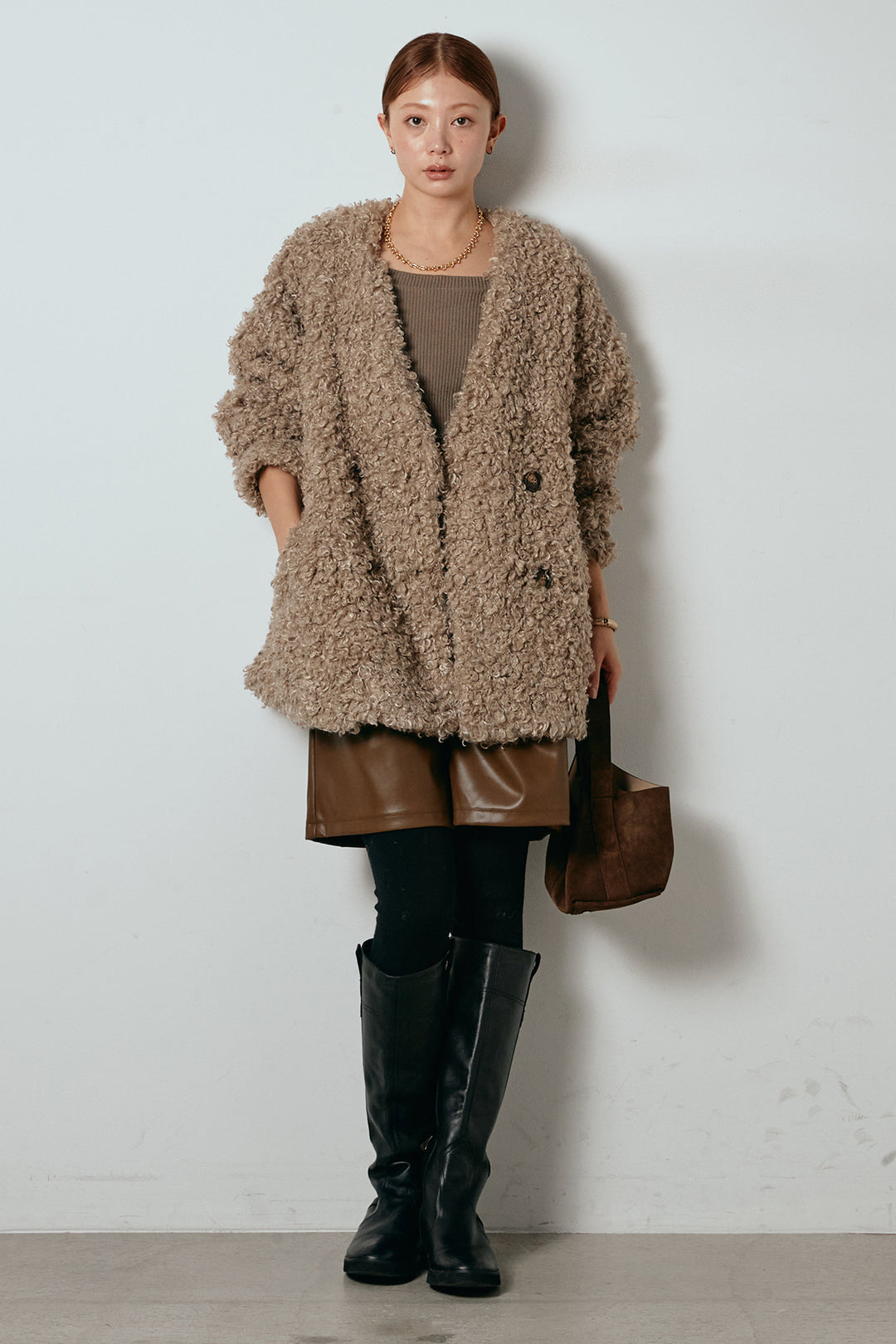 [SET]シープライクファージャケット+ストレッチエコレザーバミューダパンツ(2set)