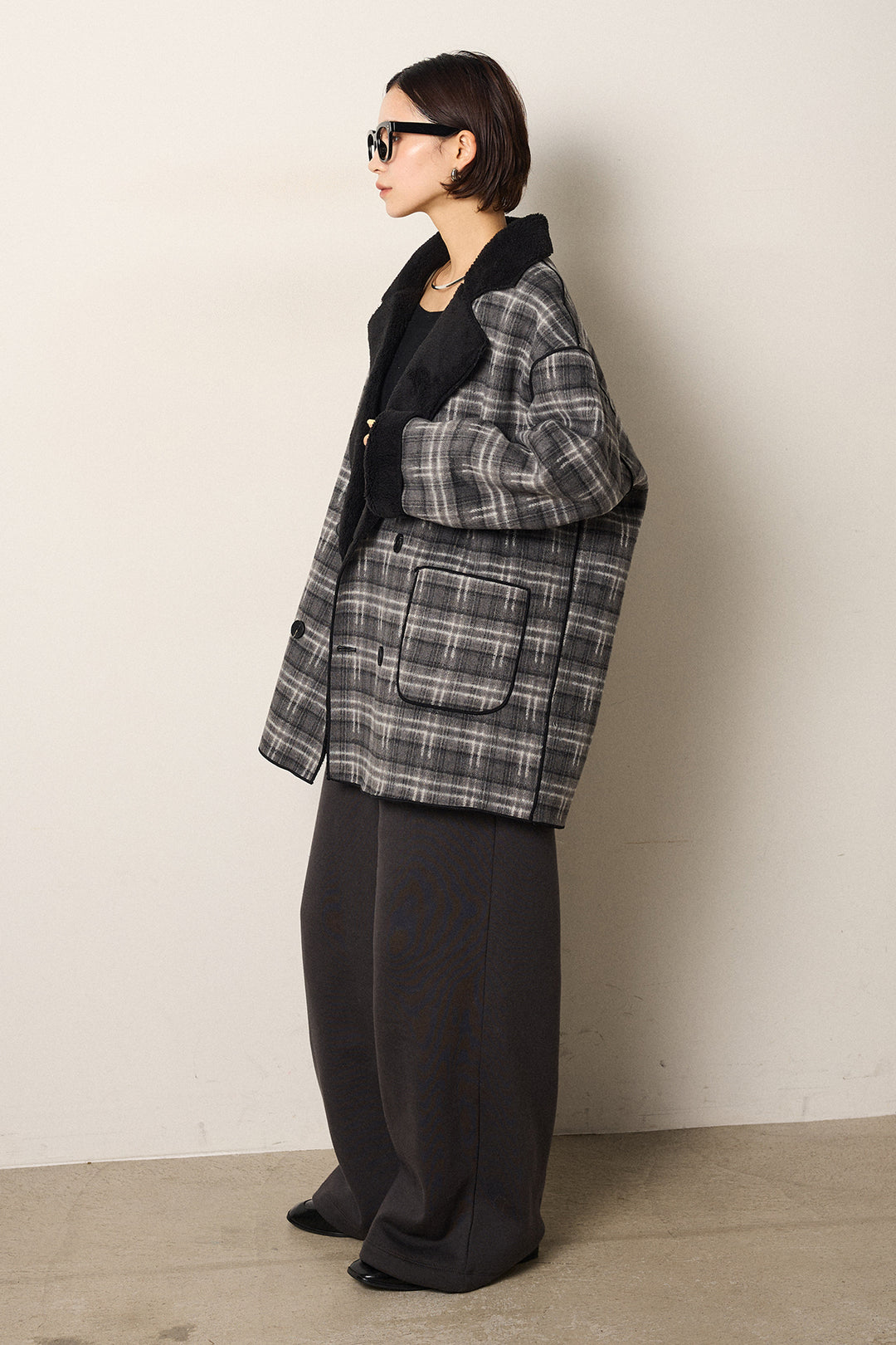 [SET]裏地ボアタータンチェック柄ミディアムコート+裏起毛スウェットワイドパンツ(2set)