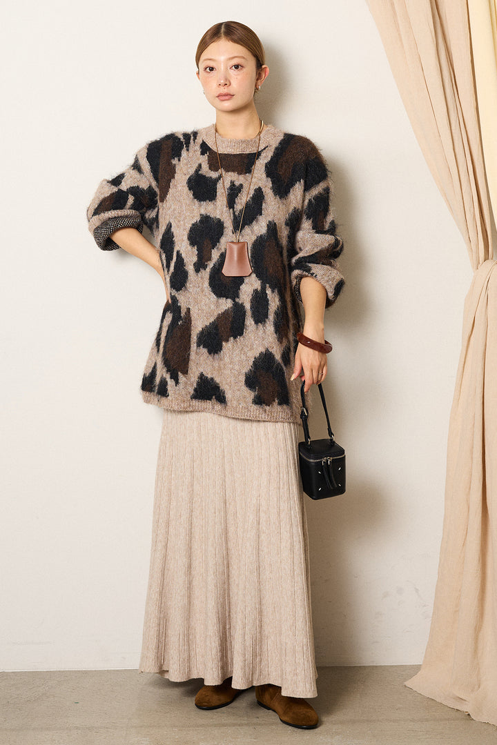 [SET]ルーズアニマルモヘアニットトップス+編み地切り替えフレアニットスカート(2set)