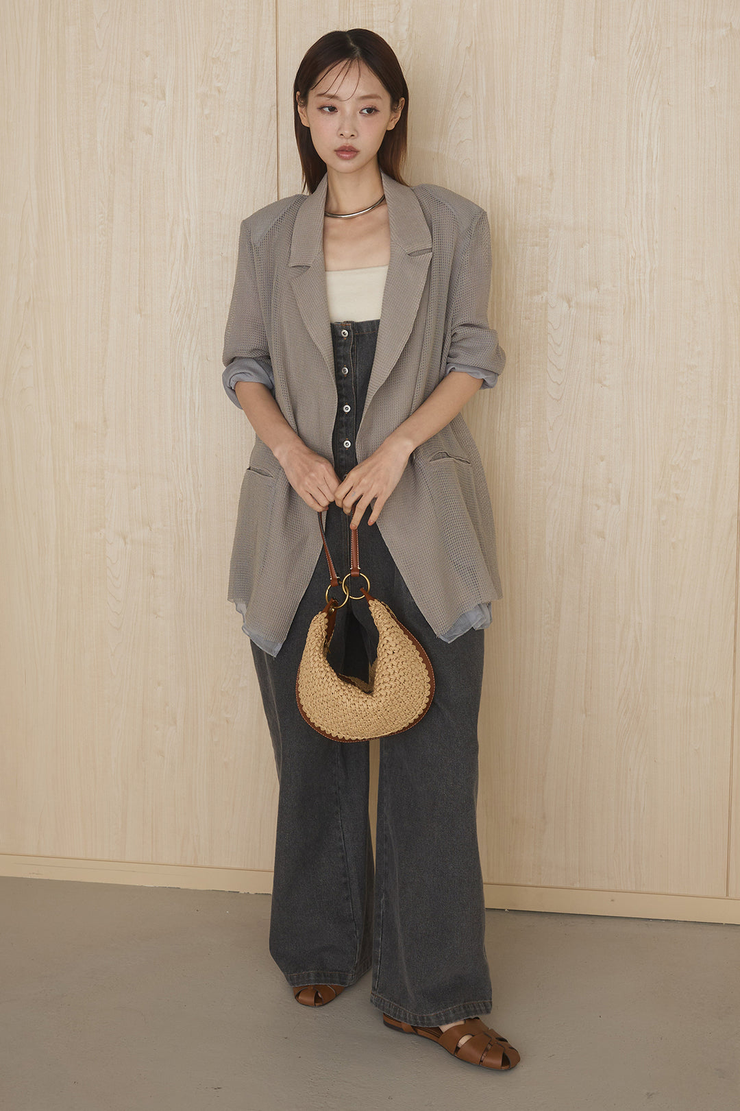 [SET]メッシュテーラードワイドジャケット+フロントボタンデニムサロペット(2set)