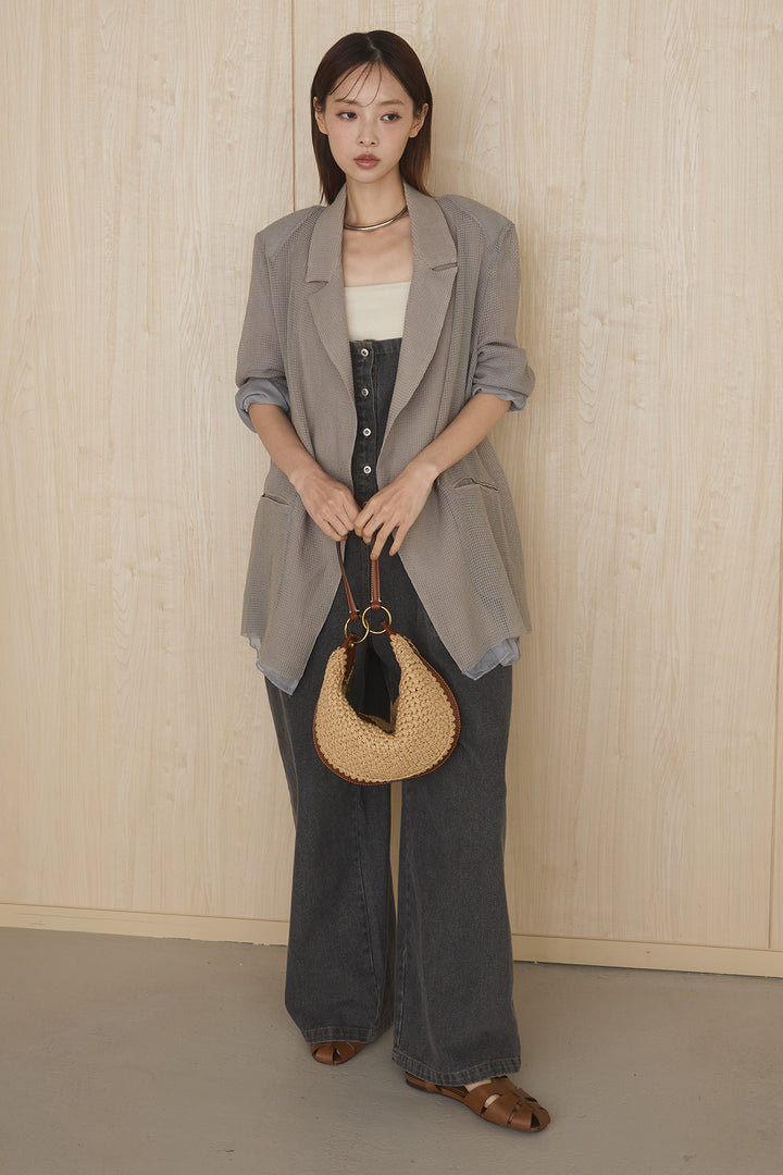 [SET]メッシュテーラードワイドジャケット+フロントボタンデニムサロペット(2set)