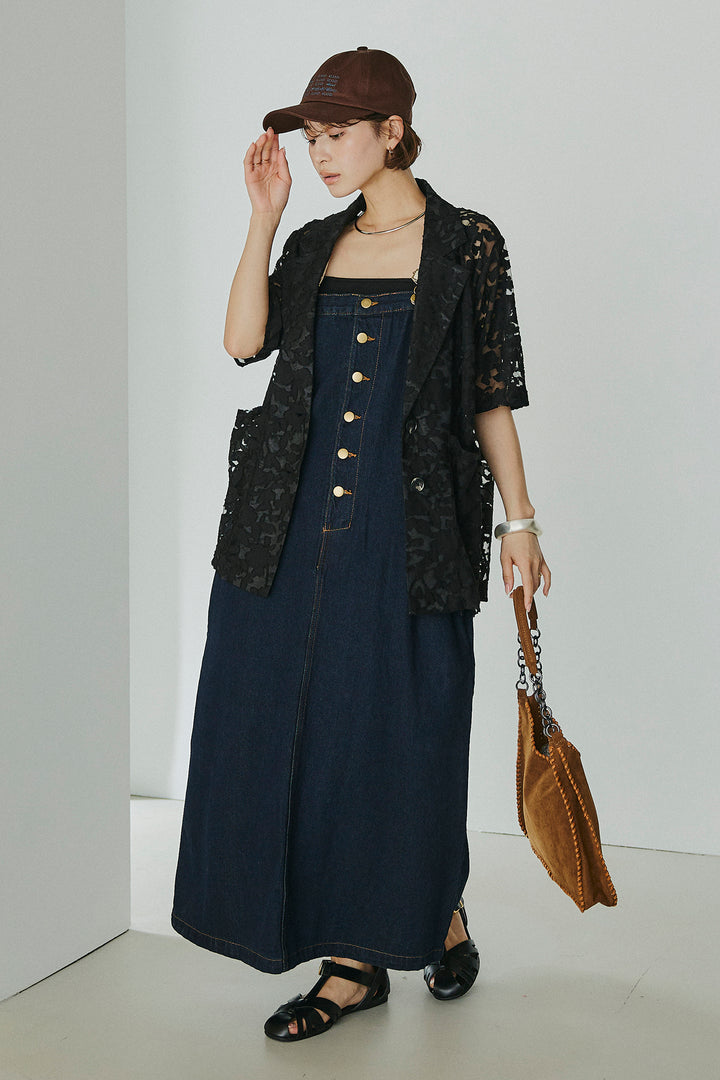 [SET]シアージャガードハーフスリーブテーラードジャケット+配色ショルダーデニムサロペットスカート(2set)