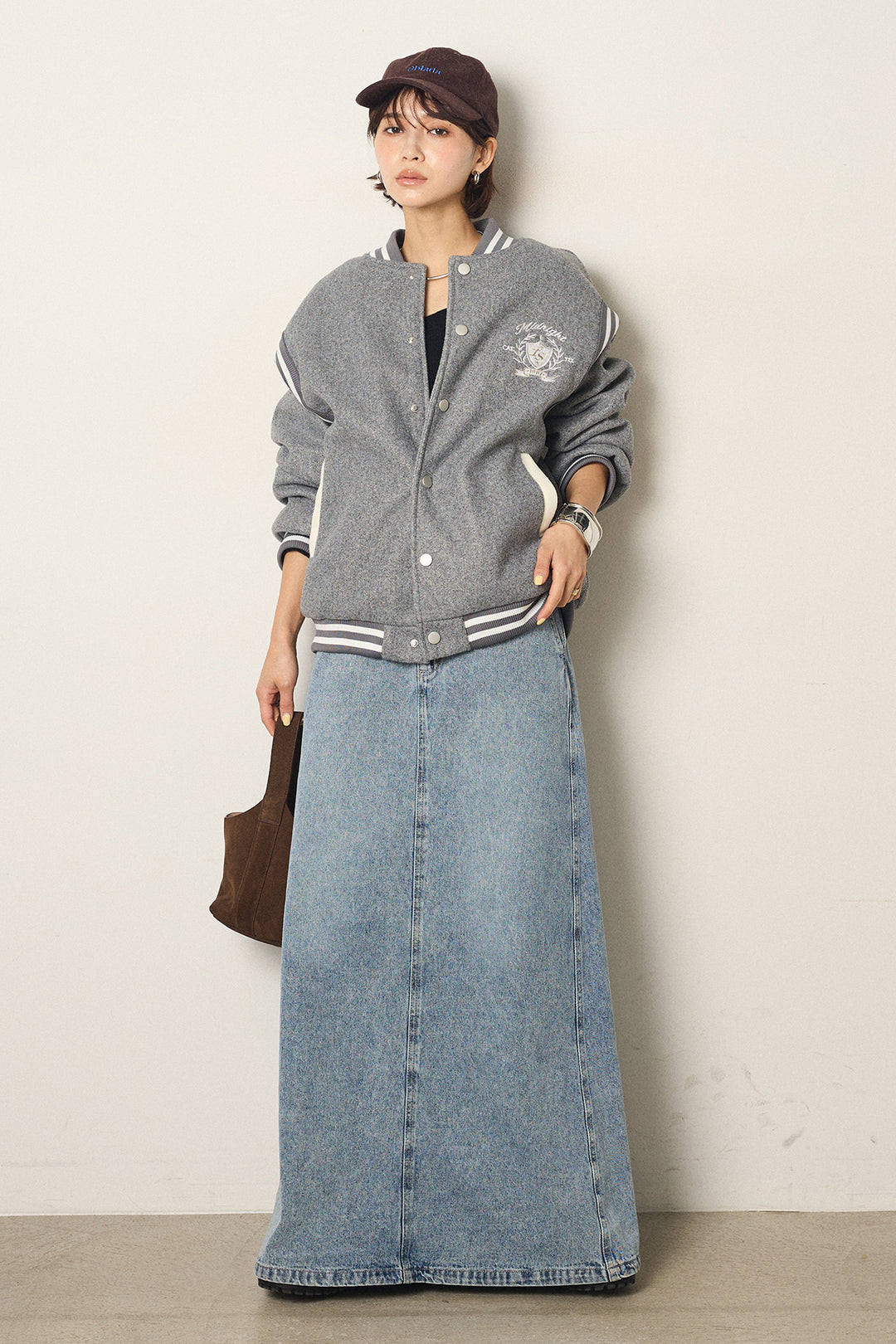 [SET]ワンポイントデザインブルゾン+デニムロングフレアスカート(2set)