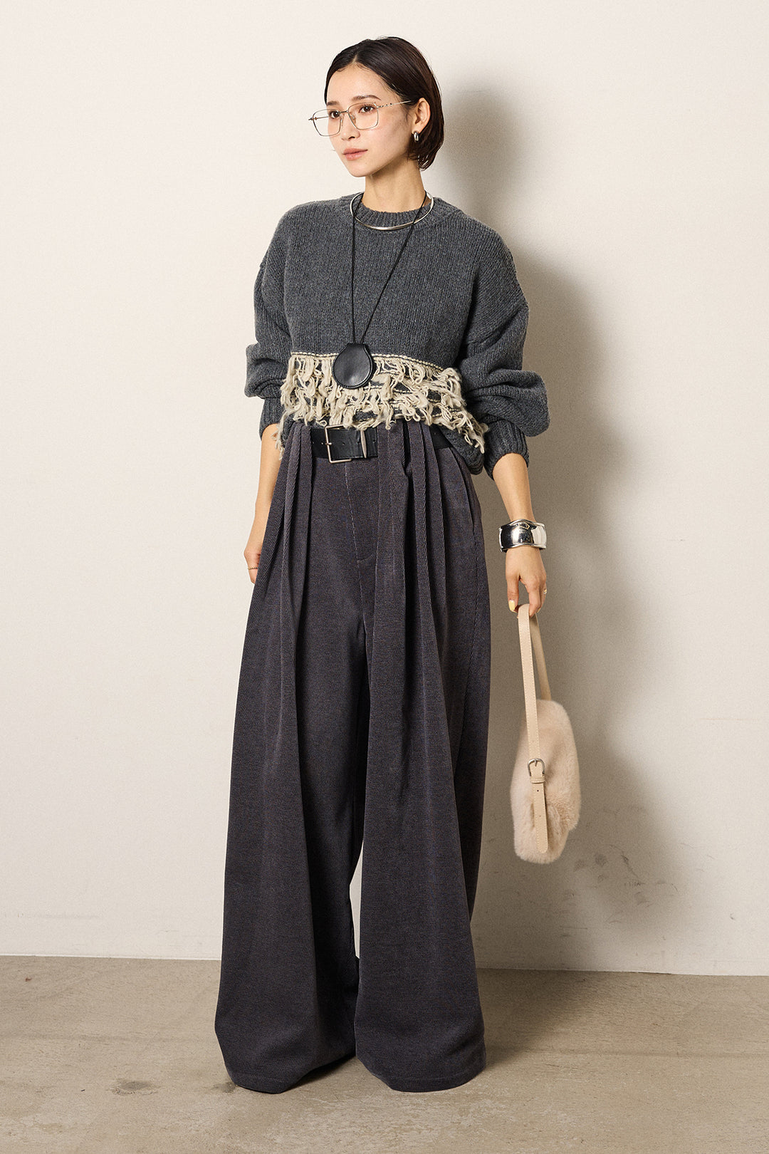 [SET]ループ編み切り替えニットプルオーバー+ベルトループコーデュロイワイドパンツ(2set)