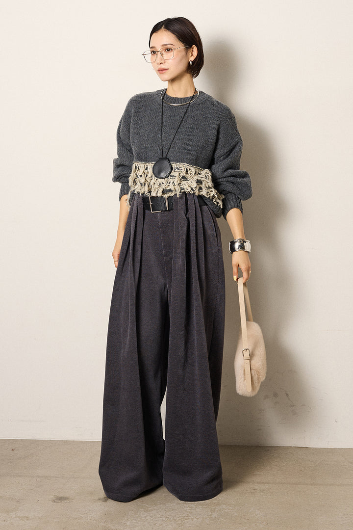 [SET]ループ編み切り替えニットプルオーバー+ベルトループコーデュロイワイドパンツ(2set)