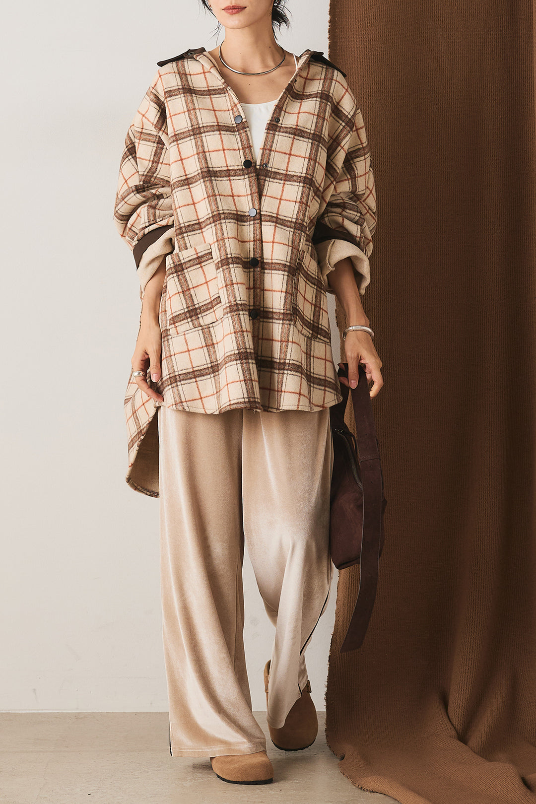 【即納】マルチチェックミディアム丈コート/ベージュ