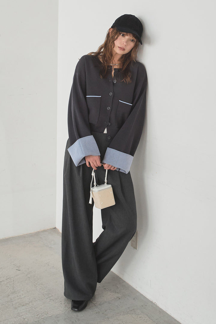 [SET]レーヨンポリダブルフェイスカーディガン+サイドベルトタック入りスラックス(2set)