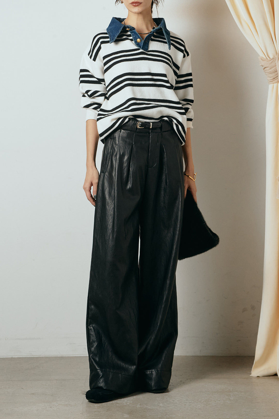 [SET]デニムレイヤード風ランダムボーダーニットプルオーバー+ベルト付きレザーライクタックパンツ(2set)