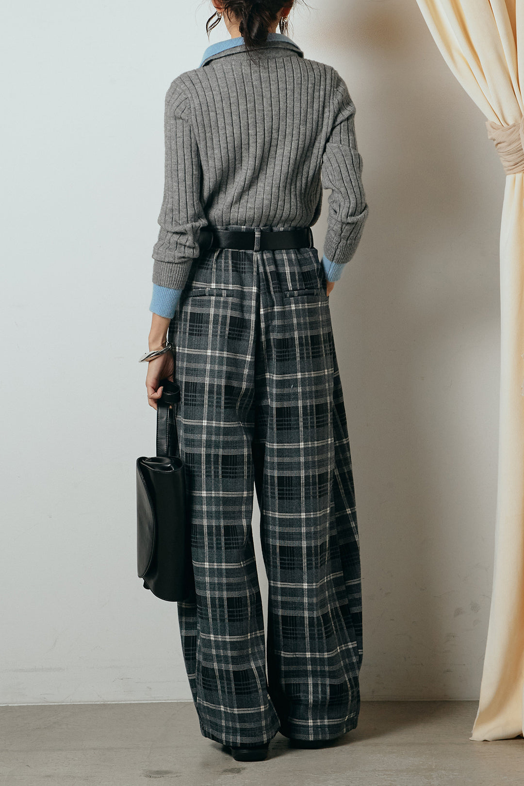 [SET]レイヤード風リブニットトップス+ベルト付きタータンチェックカーブワイドパンツ(2set)