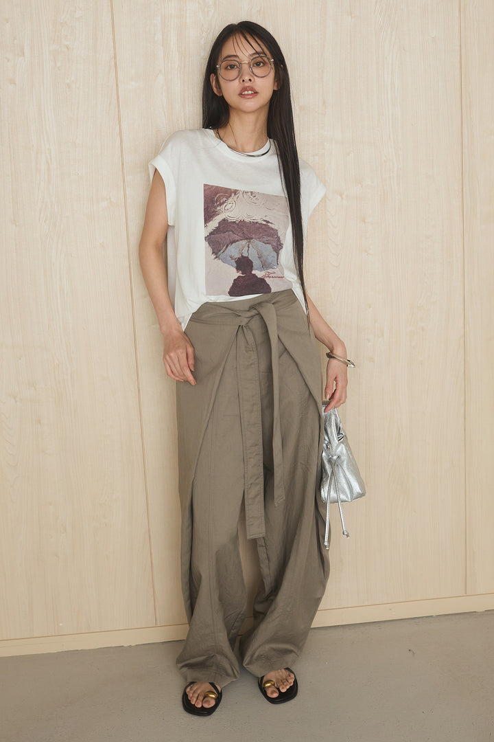 [SET]スクエアニュアンス柄Tシャツ+前結びタックワイドパンツ(2set)