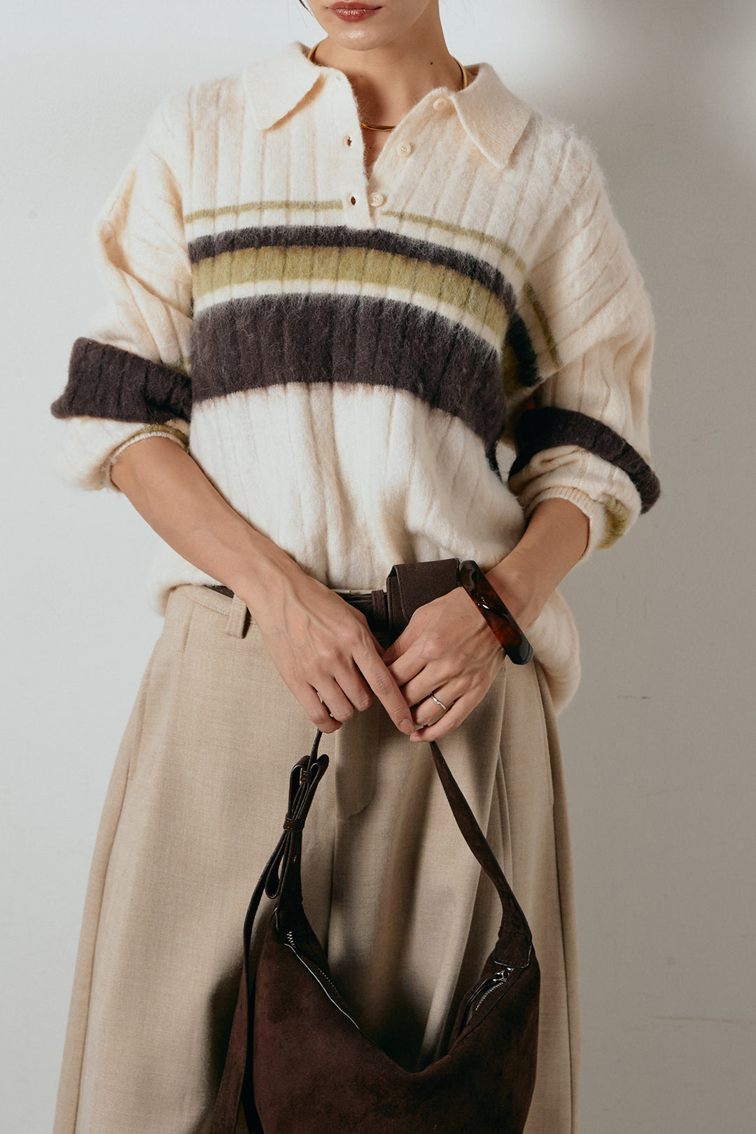 アルパカタッチボーダーポロニット/アイボリー