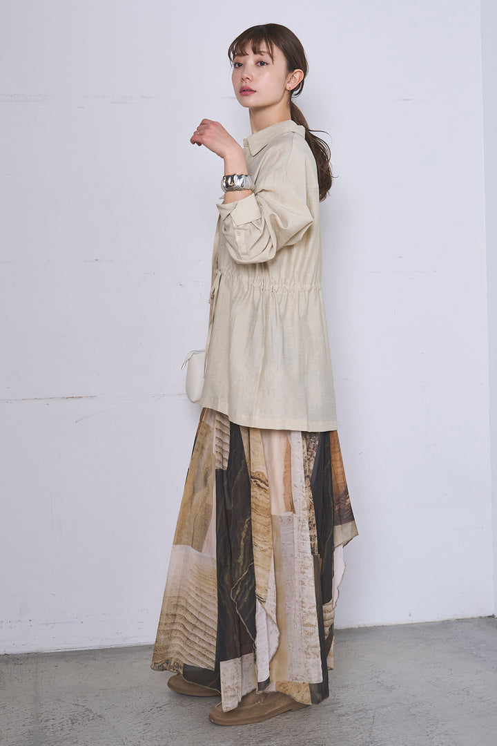 [SET]リネンブレンドシアーサファリシャツ+アートペイント柄スカート(2set)