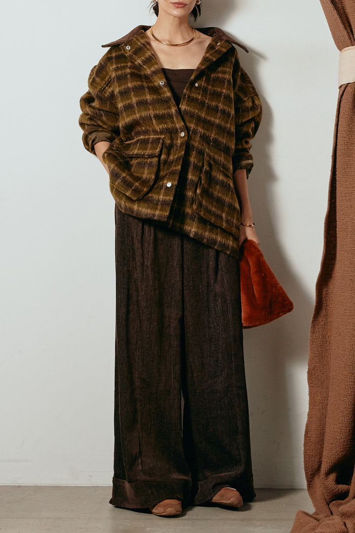 [SET]チェックシャギーミドルカバーオール+フェイクレザーベルト付きスウェードライクワイドパンツ(2set)