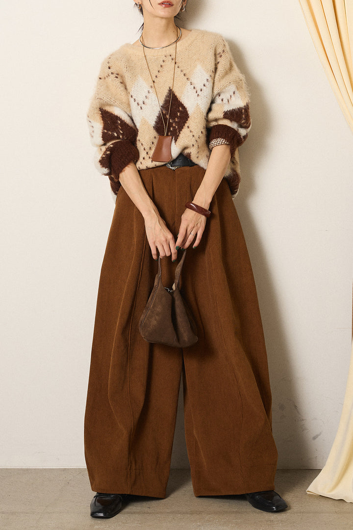 [SET]配色アーガイル柄ニットトップス+ベルト付きコーデュロイワイドパンツ(2set)