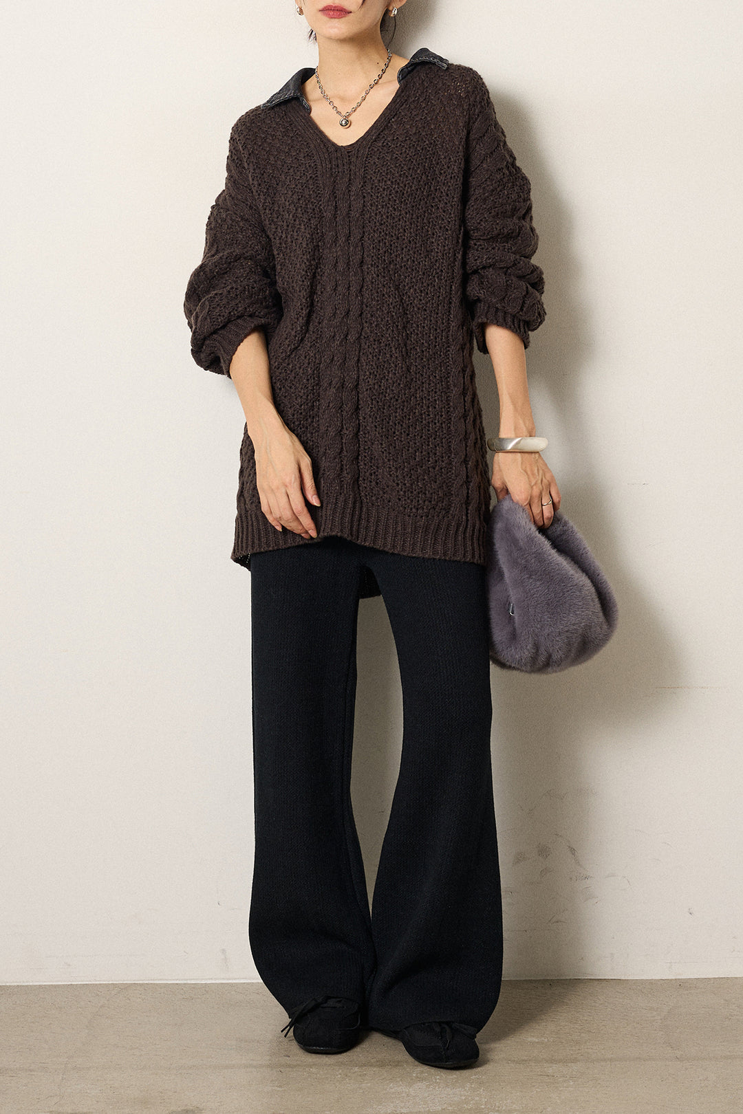 [SET]デニムカラーケーブルオーバーニット+ワイドリブニットイージーパンツ(2set)