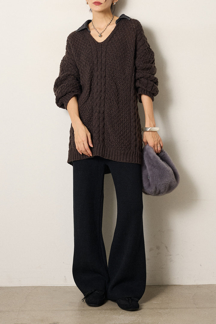 [SET]デニムカラーケーブルオーバーニット+ワイドリブニットイージーパンツ(2set)