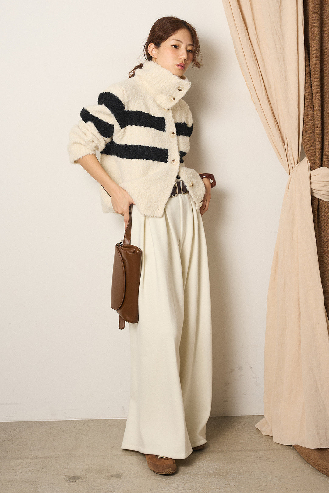 [SET]ハイネックボーダーニットカーディガン+フェイクレザー太ベルト付きタックワイドパンツ(2set)
