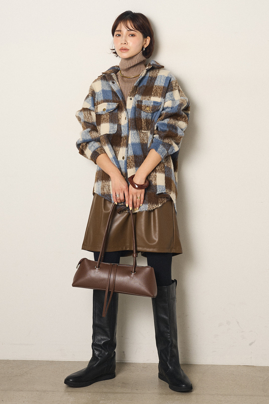 [SET]起毛チェック柄ポケットアウター+ストレッチエコレザーバミューダパンツ(2set)