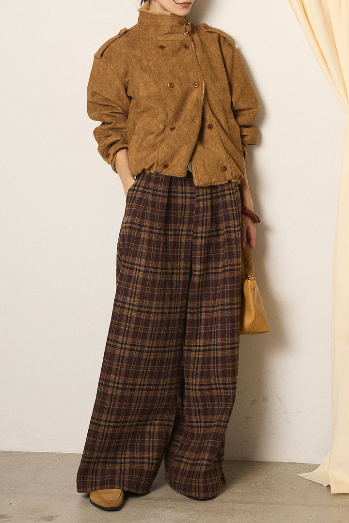 [SET]スタンド襟スウェードライクアウター+スタッズデザインベルトタータンチェックパンツ(2set)