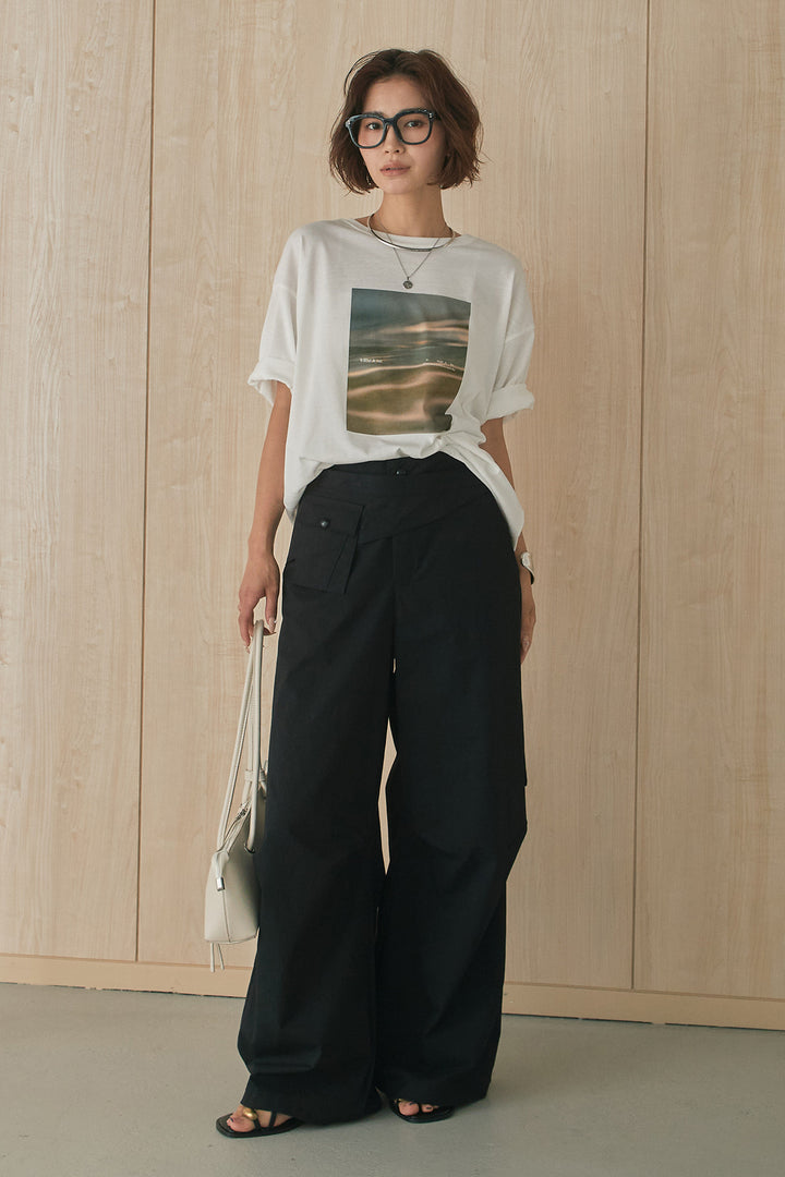 [SET]MarbleプリントTシャツ+ポケットベルト付きニーサイドタックパンツ(2set)