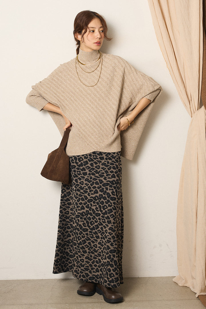 [SET]アシメデザインリブポンチョニットトップス+レオパードロングスカート(2set)