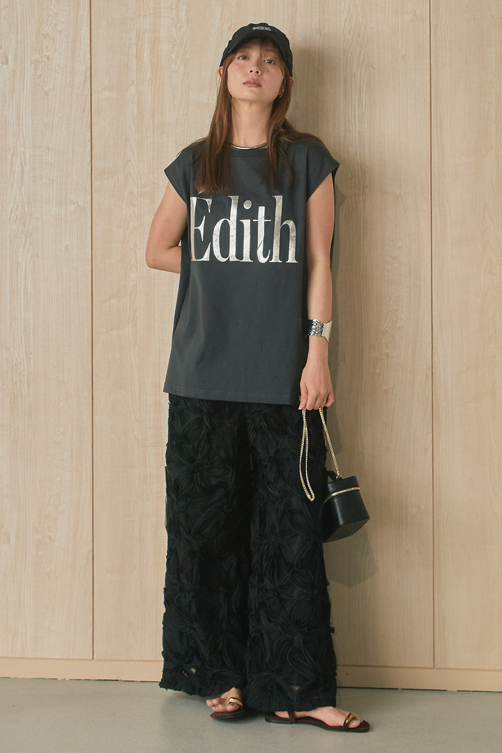 [SET]箔ロゴプリントノースリーブTシャツ+立体レースストレートパンツ(2set)