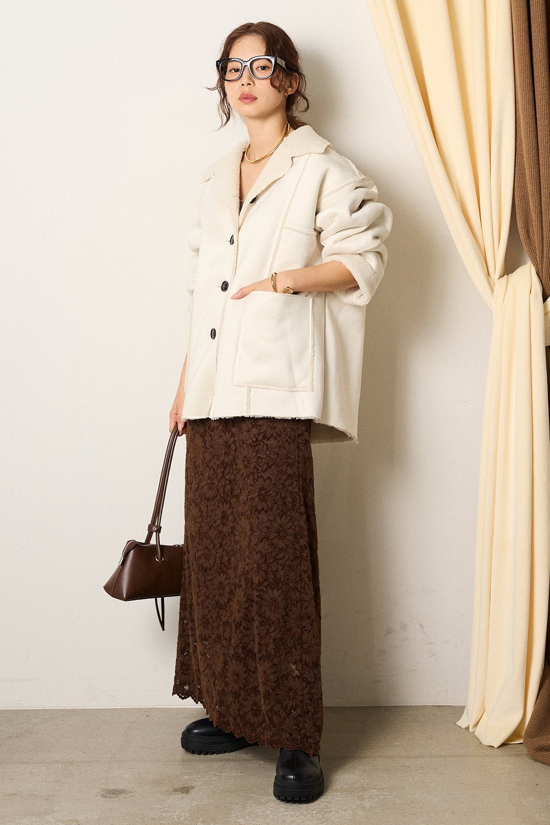 [SET]エコムートンカバーオール+花柄刺繍ベロアフレアスカート(2set)