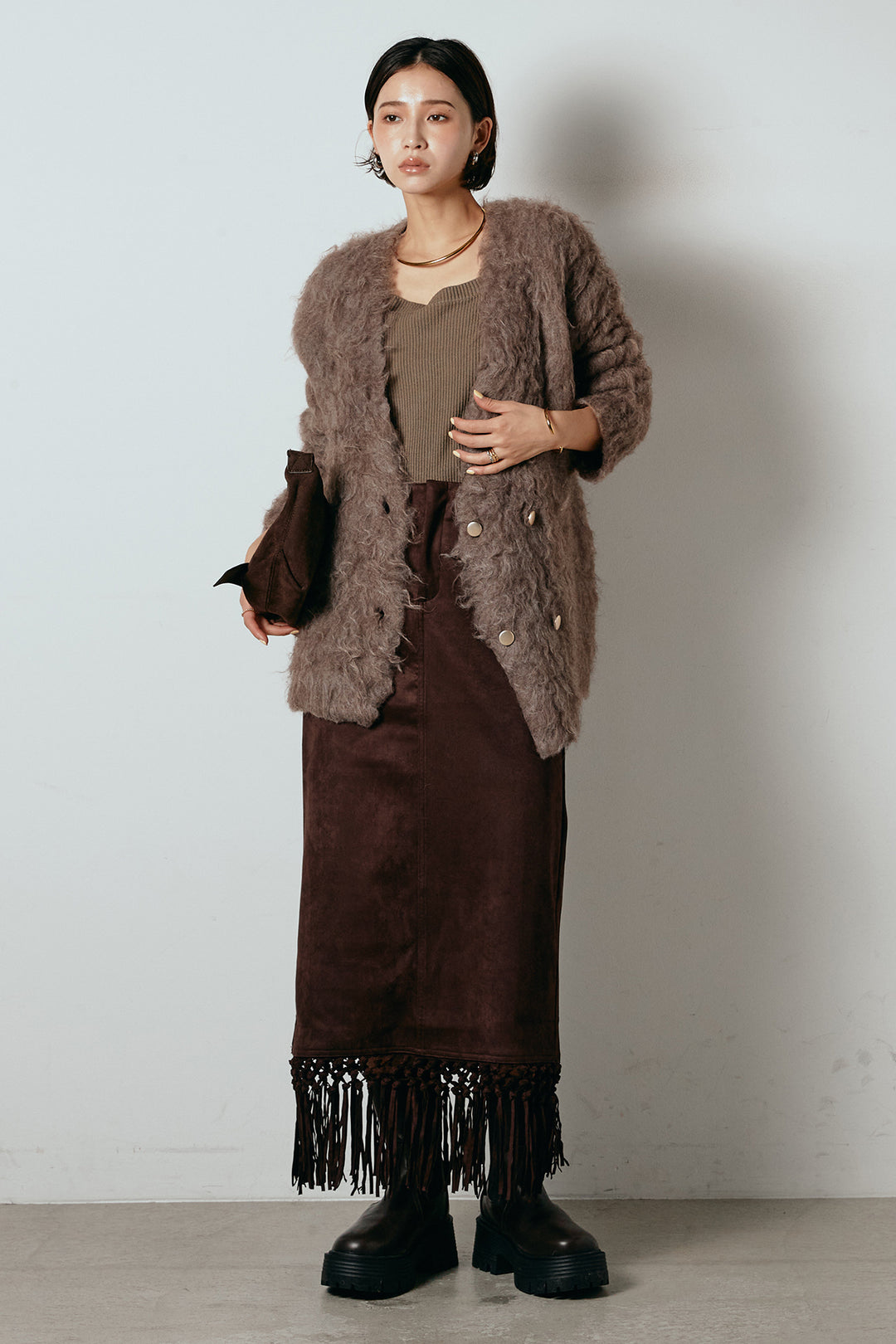 [SET]ウェーブシャギーニットジャケット+スウェードライク裾フリンジスカート(2set)