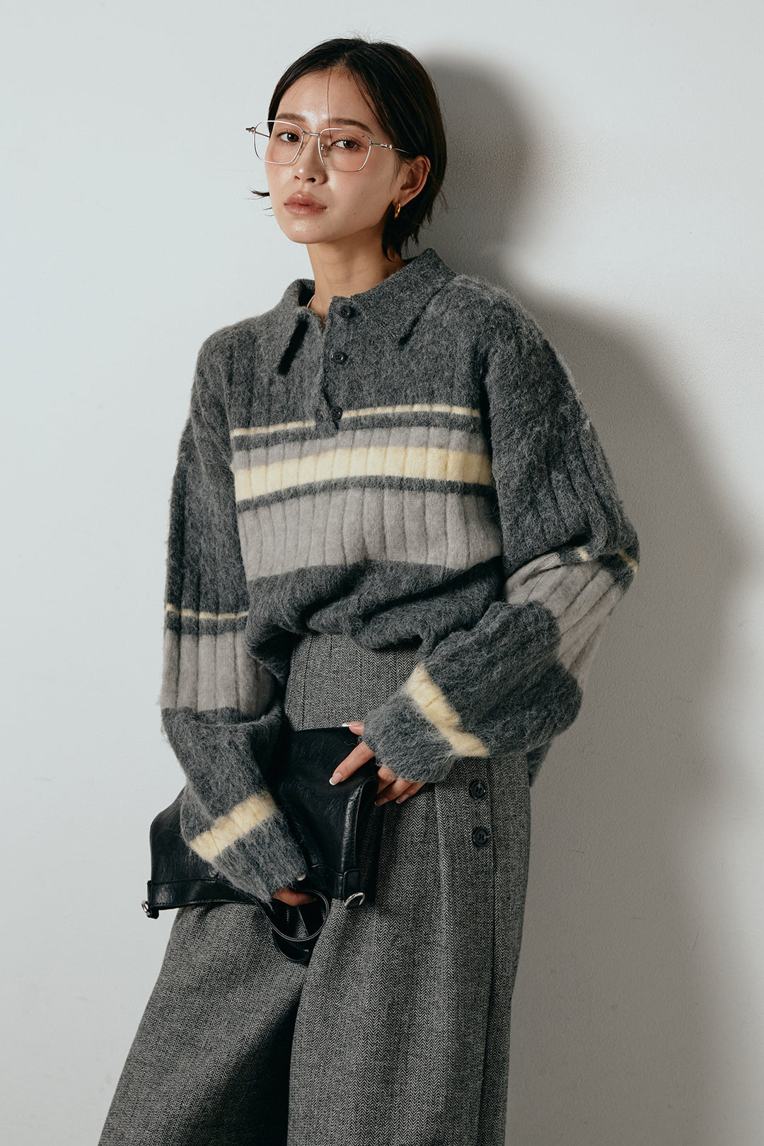 アルパカタッチボーダーポロニット/チャコール