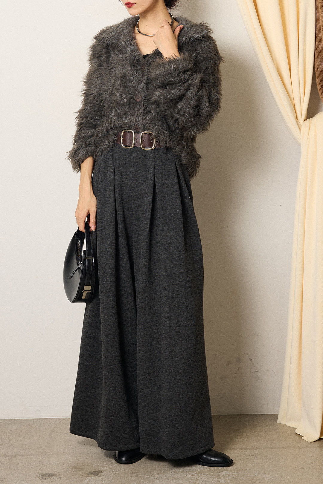 [SET]襟付きシャギーニットカーディガン+フェイクレザー太ベルト付きタックワイドパンツ(2set)