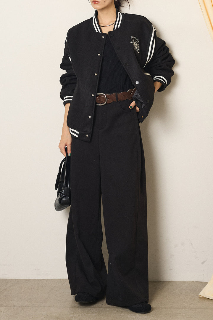 [SET]ワンポイントデザインブルゾン+編みベルト付きワイドパンツ(2set)
