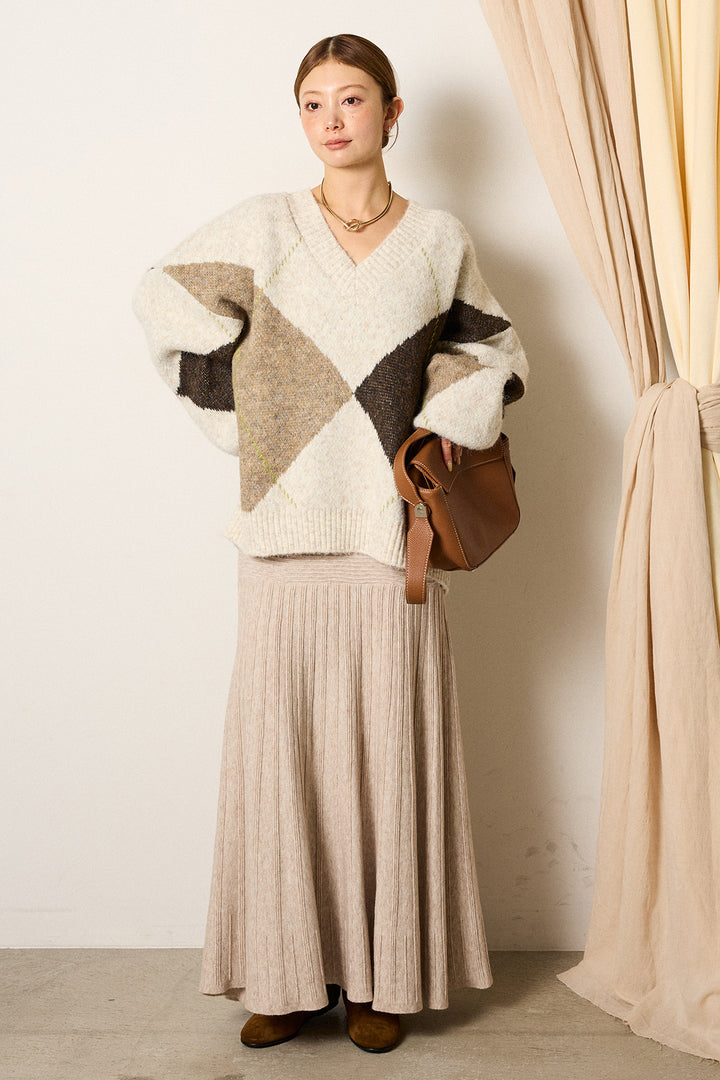【着回しセット】[SET]ルーズアーガイルVネックニット+編み地切り替えフレアニットスカート+編み地切り替えフレアニットスカート(3set)
