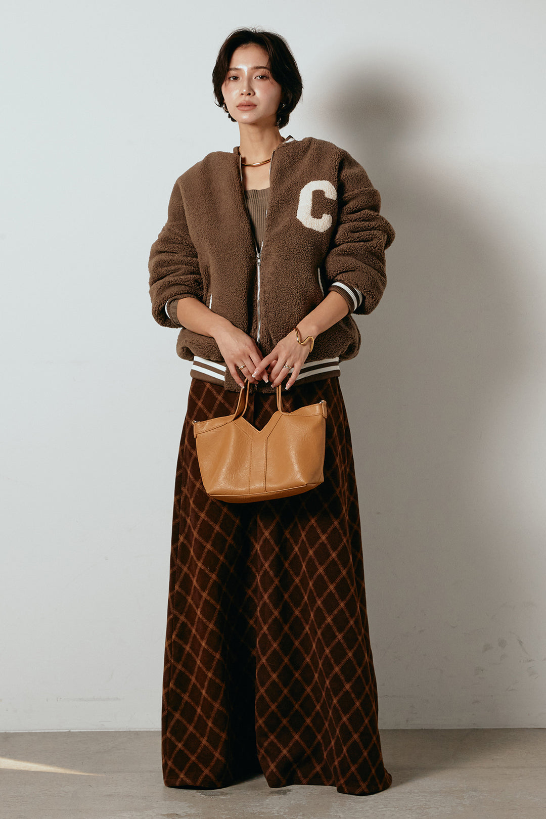 [SET]ロゴスタジャンボアブルゾン+フロッキー起毛チェックスカート(2set)