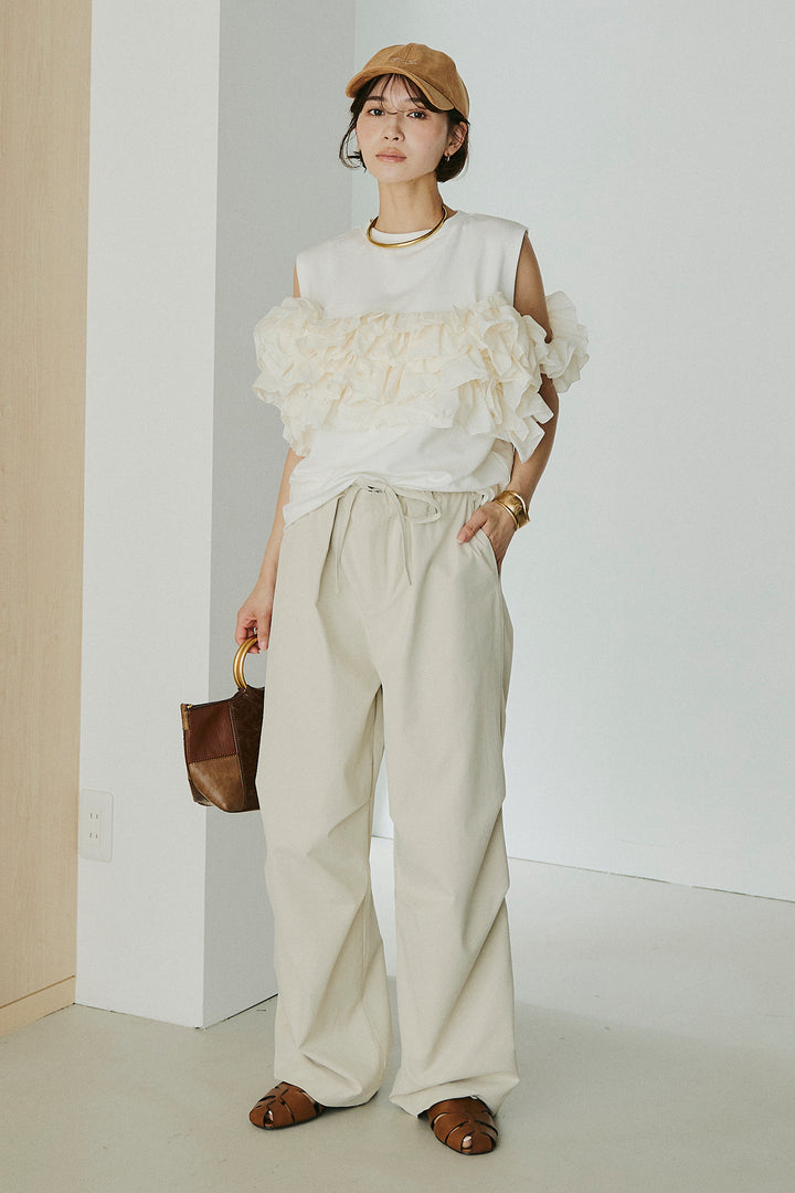 [SET]天竺ナイロンドッキングビスチェ風トップス+ニーサイドタックウエストドロスパンツ(2set)