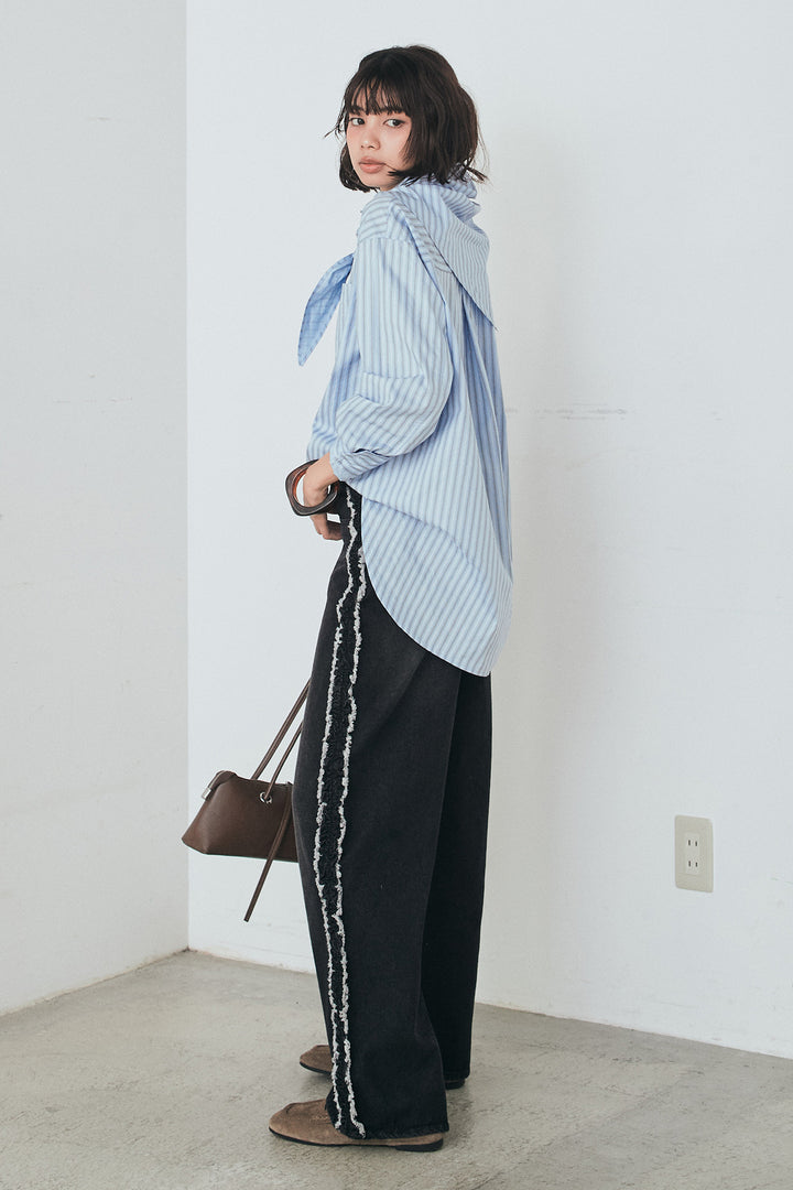 [SET]ランダムストライプスカーフ付きシャツ+デニムサイドフリルパンツ(2set)