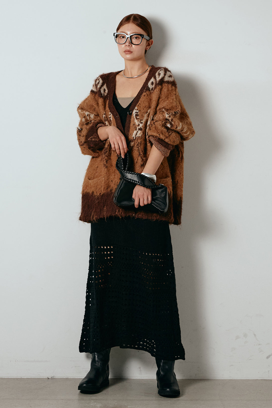 [SET]シャギーニュアンス柄ニットカーディガン+裾透かし編みキャミソールニットワンピース(2set)