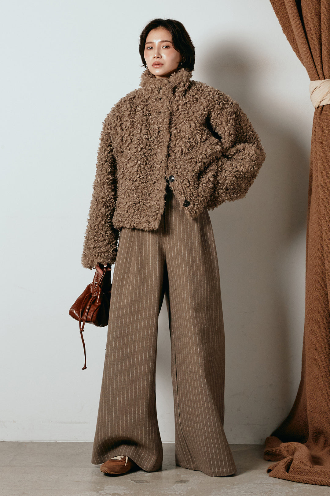 [SET]プードルファーミドルジャケット+ウールライクストライプパンツ(2set)