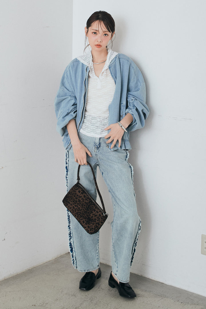 [SET]袖シャーリング裾フリルデニムブルゾン+デニムサイドフリルパンツ(2set)