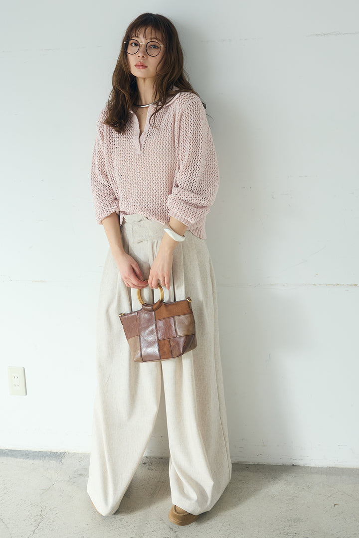 [SET]ミックスメッシュポロニット+麻混タックワイドパンツ(2set)