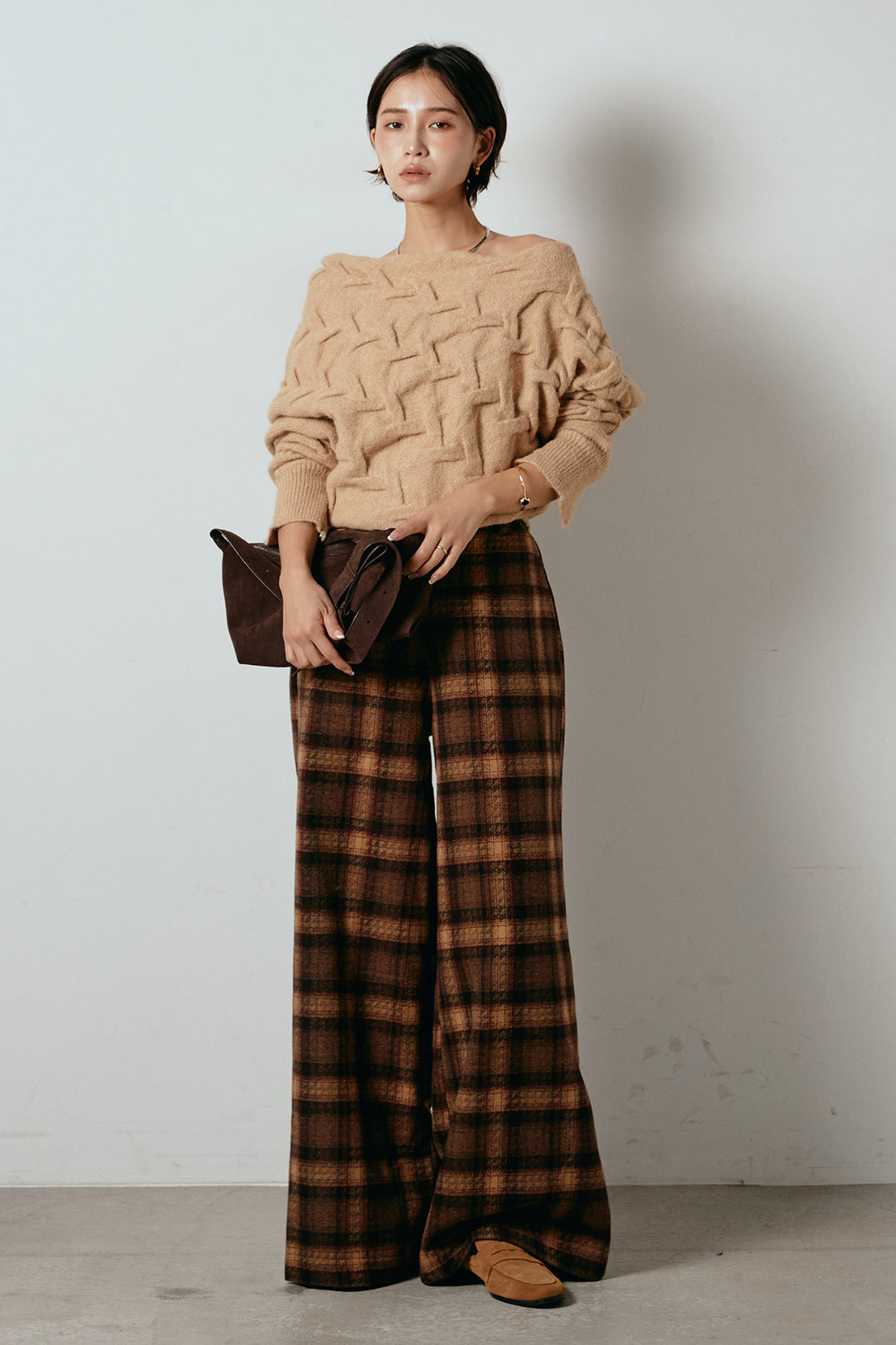 [SET]ボートネックニットトップス+ルーズタータンチェックワイドパンツ(2set)