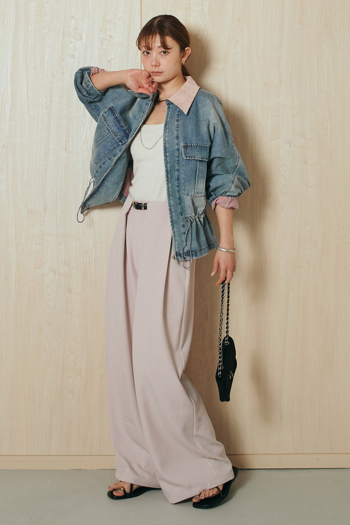 [SET]襟付き配色デニムブルゾン+ビックベルトループタックベルト付きワイドパンツ(2set)