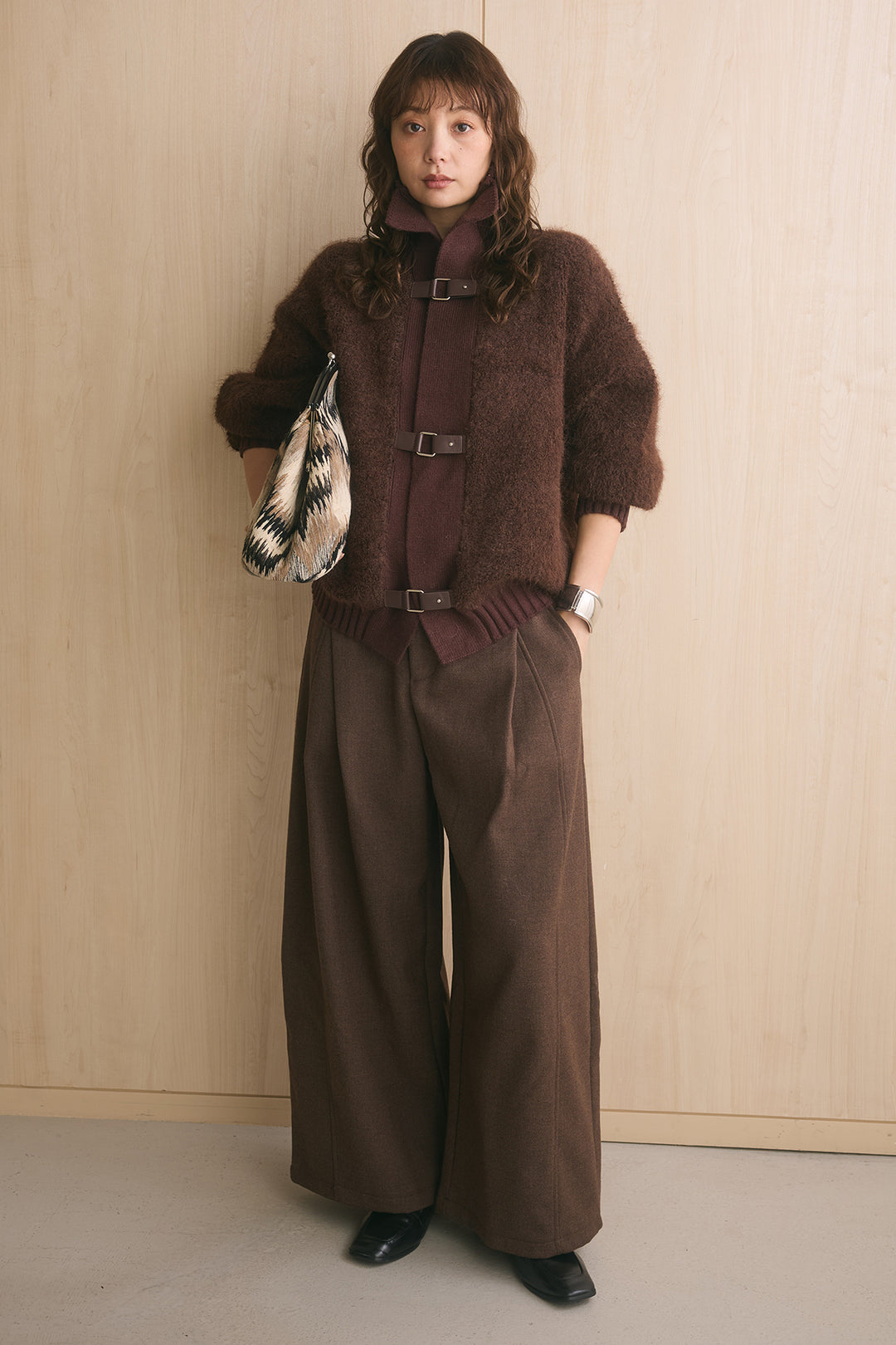 [SET]ブークレーハイネックニットジャケット+ポーチベルト付きカーブパンツ(2set)