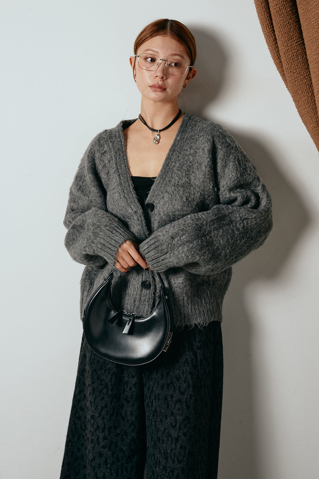 起毛ボタンニットカーディガン/グレー