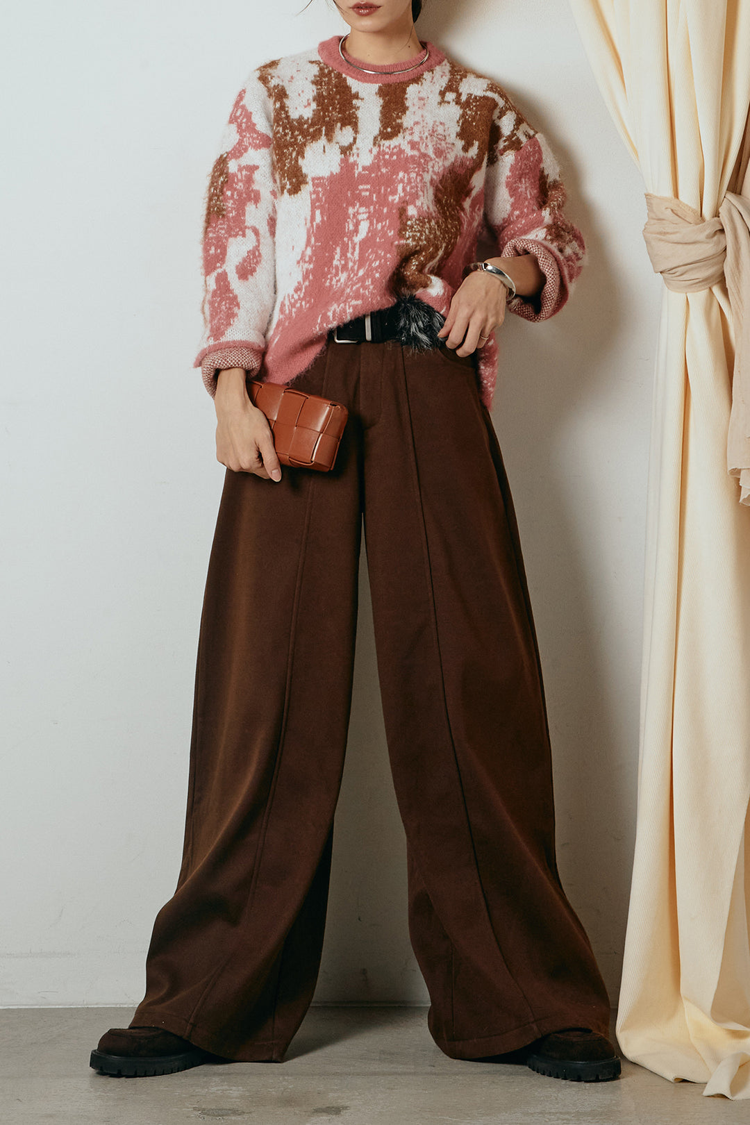 [SET]起毛ニュアンス柄ニットプルオーバー+ファーベルト付きワイドパンツ(2set)
