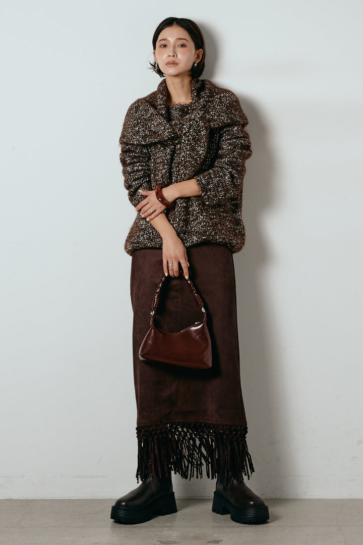 [SET]スカーフ付きミックスニットトップス+スウェードライク裾フリンジスカート(2set)