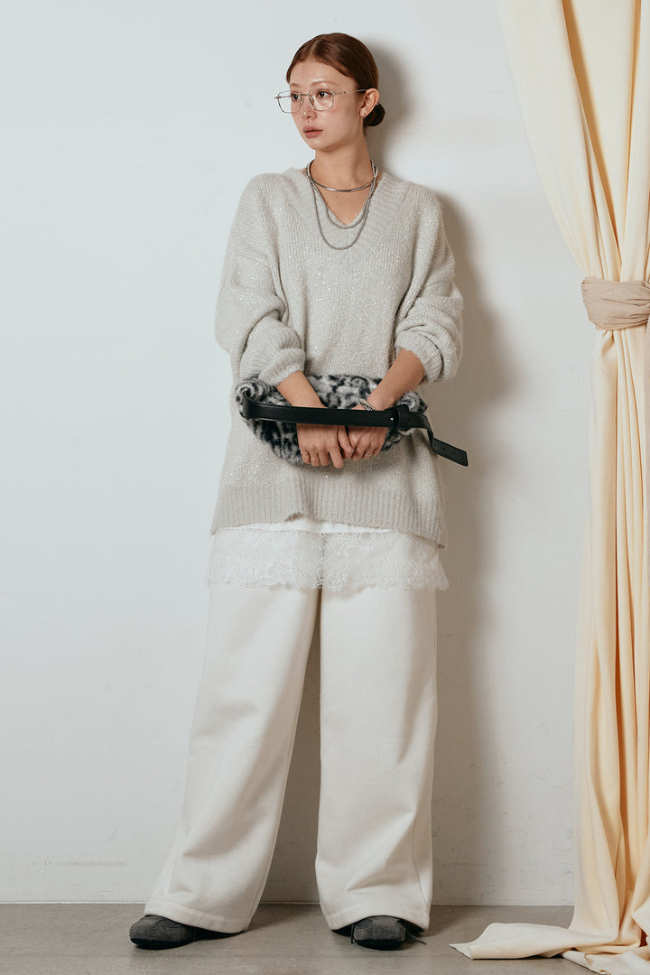 [SET]Vネックルーズラメニットトップス+レース切り替えキャミソール(2set)