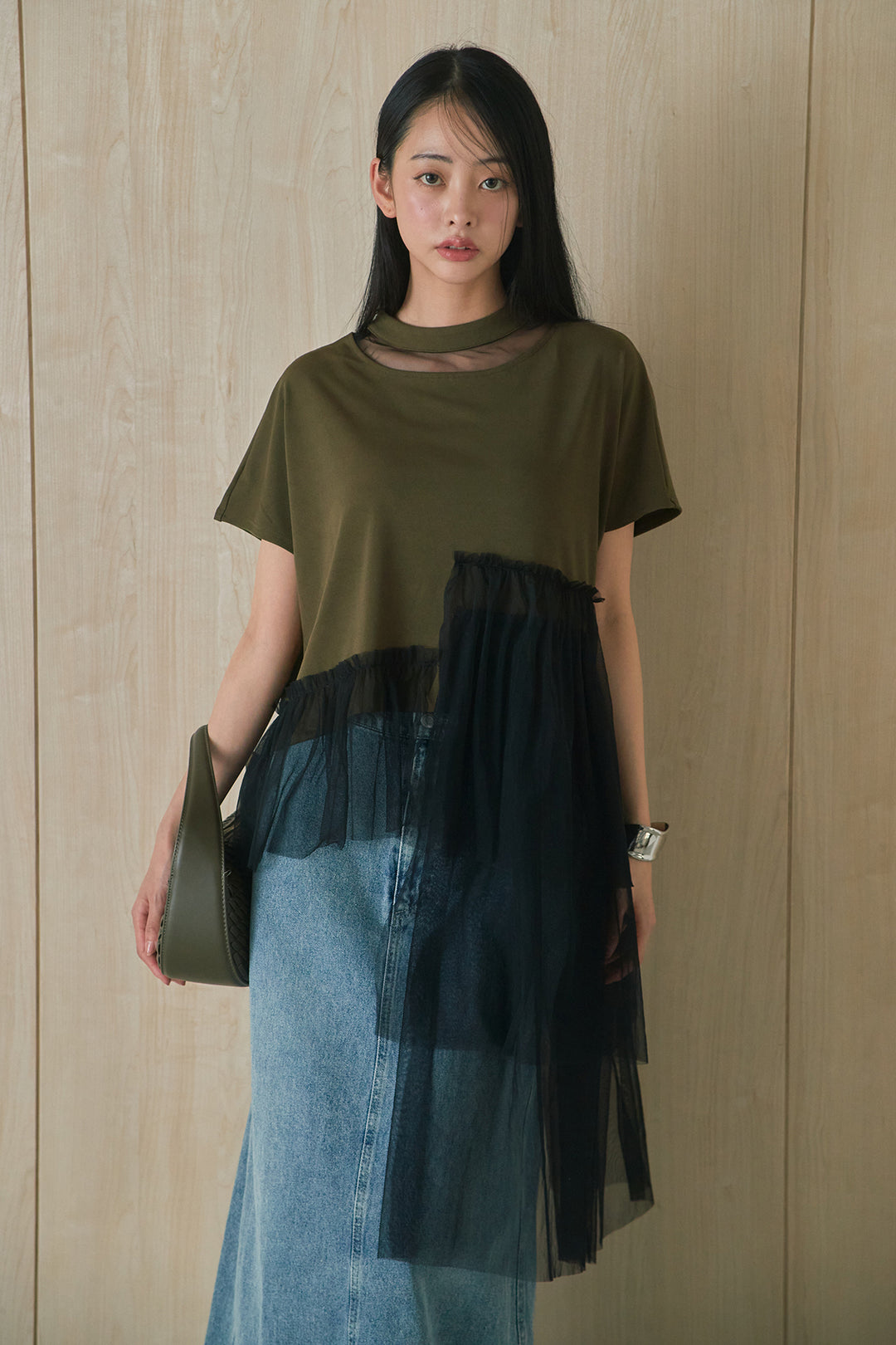 [SET]アシンメトリーチュールフリルTシャツ+デニムロングフレアスカート(2set)