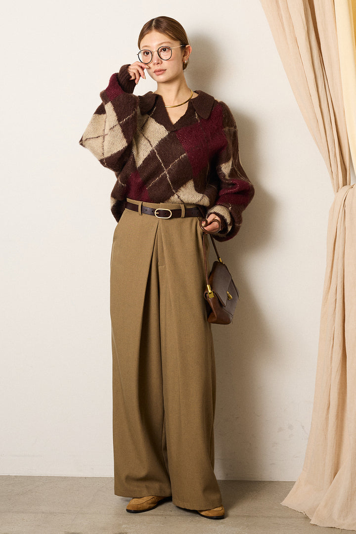 [SET]アクリルモヘアアーガイルキーネックプルオーバー+フロントワイドタックネップ入ワイドパンツ(2set)