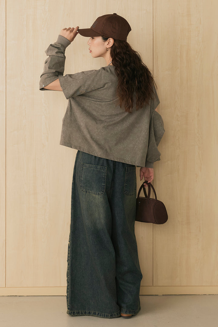 [SET]セパレートフェードTシャツ+ランダムダメージデニムワイドパンツ(2set)